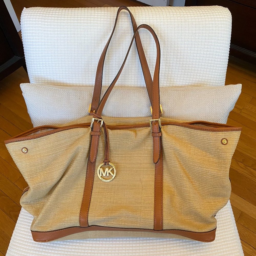 Michael Kors Large Straw and Brown Leather Tote Bag Purse